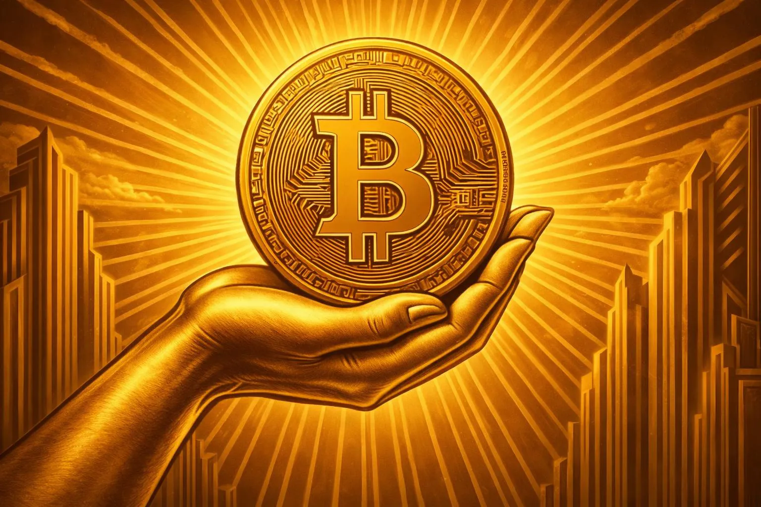 A hand holds up a glowing Bitcoin coin with radiant light beams, surrounded by golden skyscrapers.
