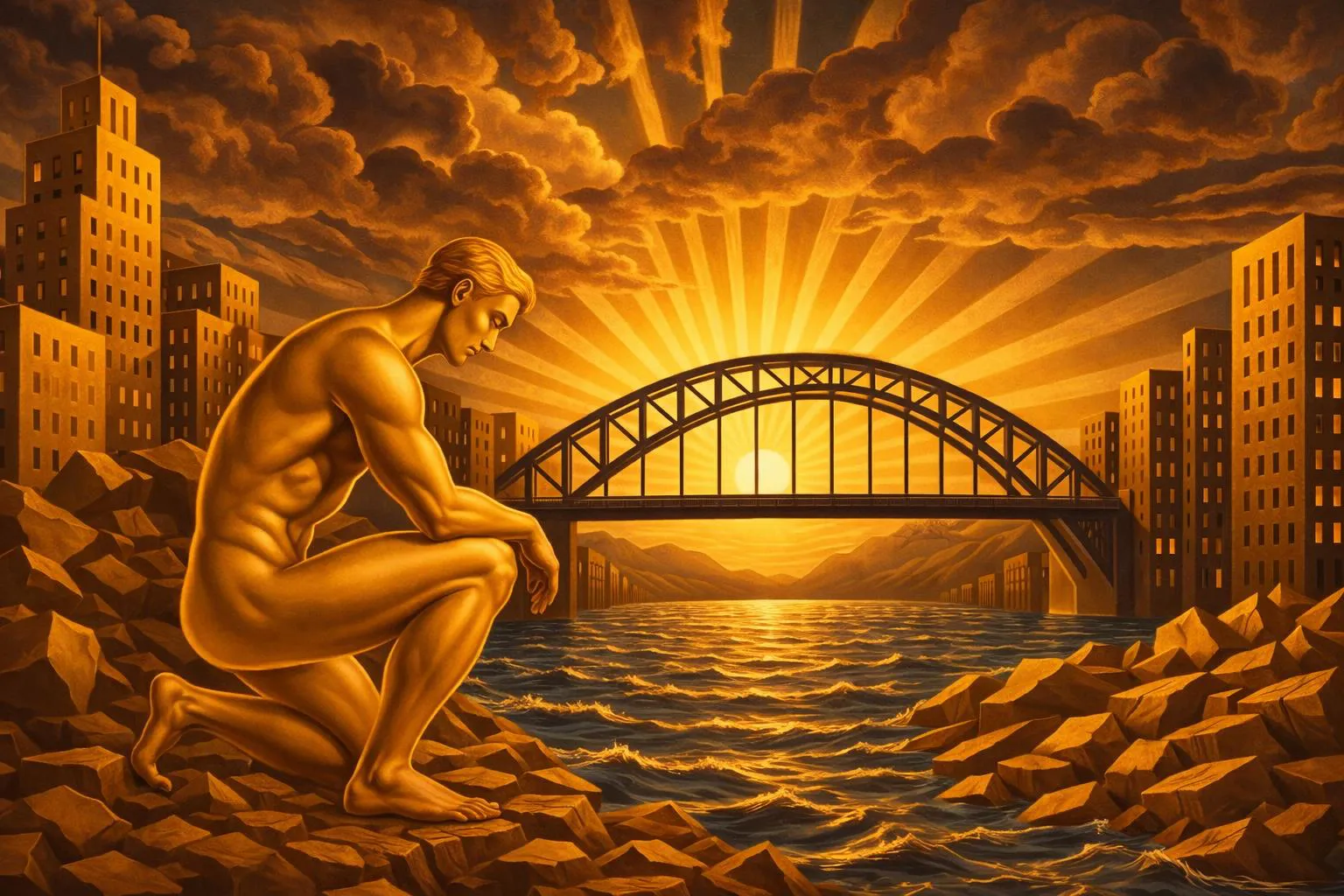 A golden, muscular figure kneels on rubble by a river, surrounded by damaged buildings, with a bridge and a dramatic sunrise or sunset in the background.