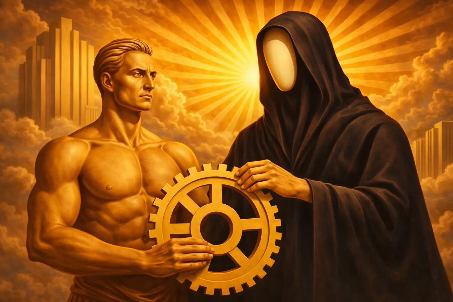 A faceless hooded figure tries to take the wheel of a golden muscular man and in front of city buildings and a radiant sun.