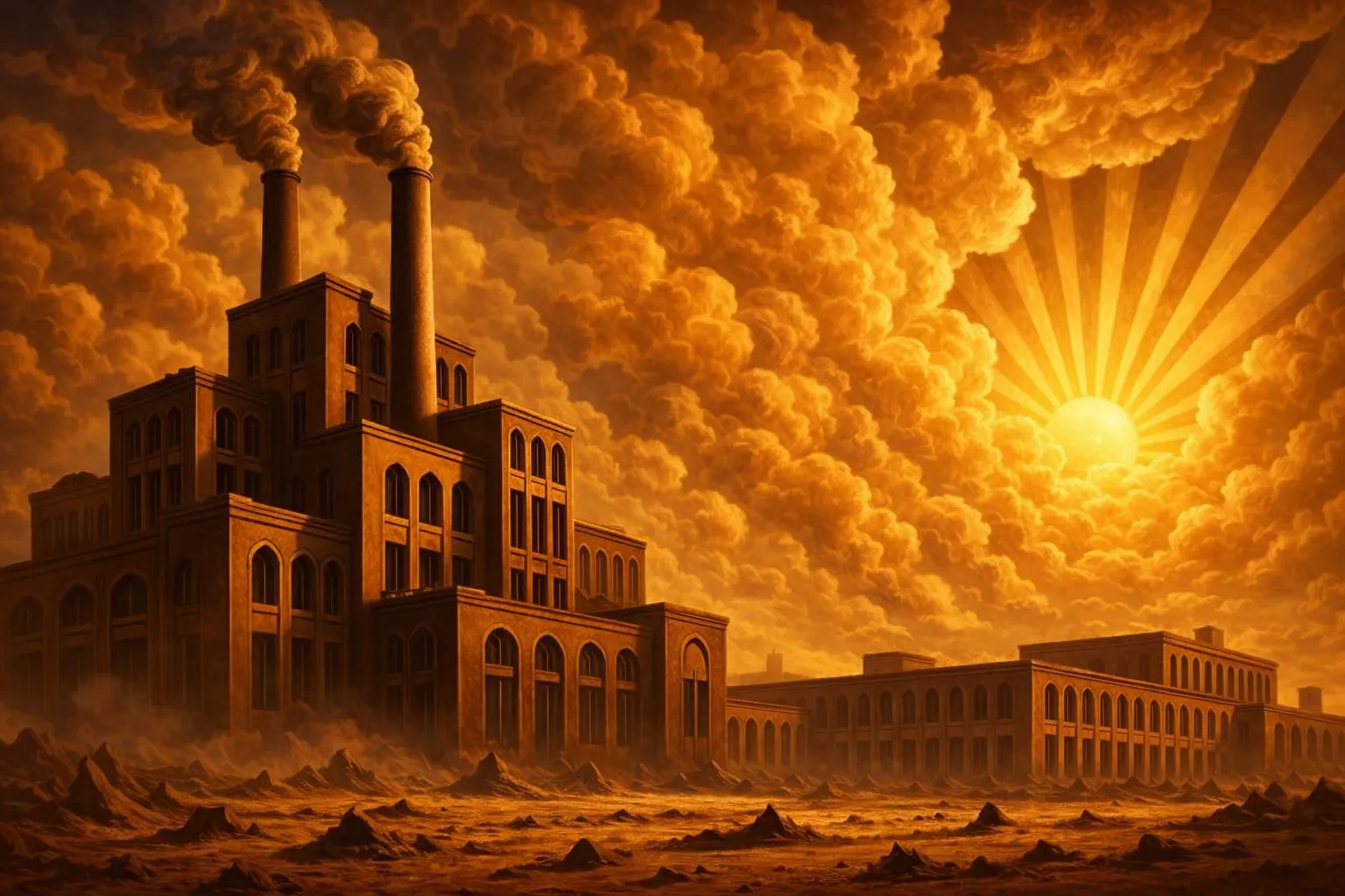 A golden, muscular figure stands confidently among ruined buildings, with dark clouds and sun rays shining through in the background.