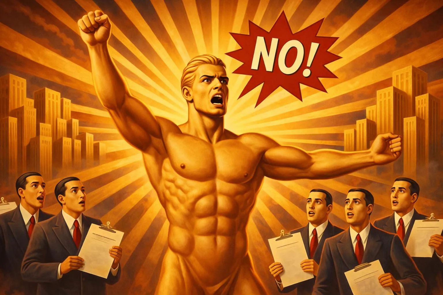 A powerful golden figure stands with one arm raised and shouts 'NO!' while suited men holding clipboards surround him against a cityscape background.