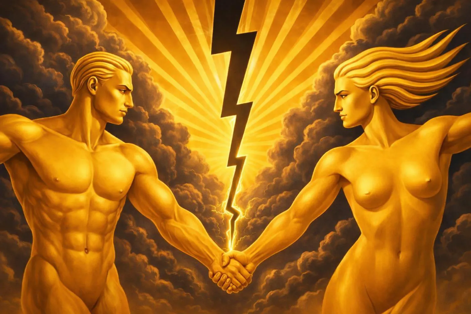 Two golden figures hold hands in front of dark clouds, separated by a jagged black lightning bolt under bright sun rays.