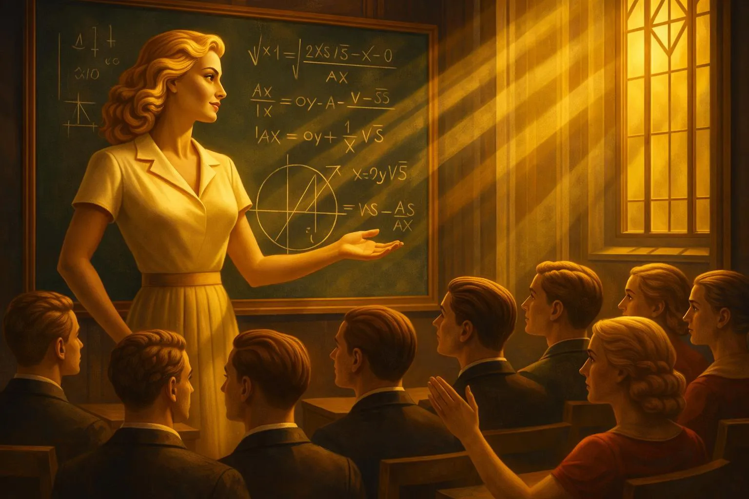 A teacher stands in front of a chalkboard filled with complex math equations, explaining to a classroom of attentive students.