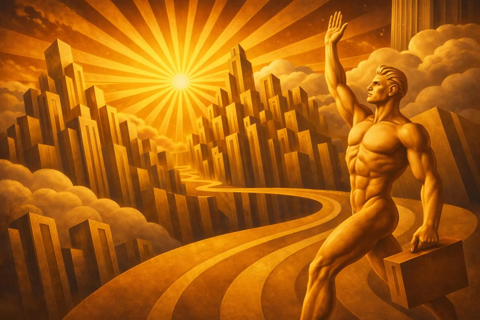 A golden figure with a briefcase waves goodbye while walking along a winding road away from a city, with sun rays shining through clouds in the background.