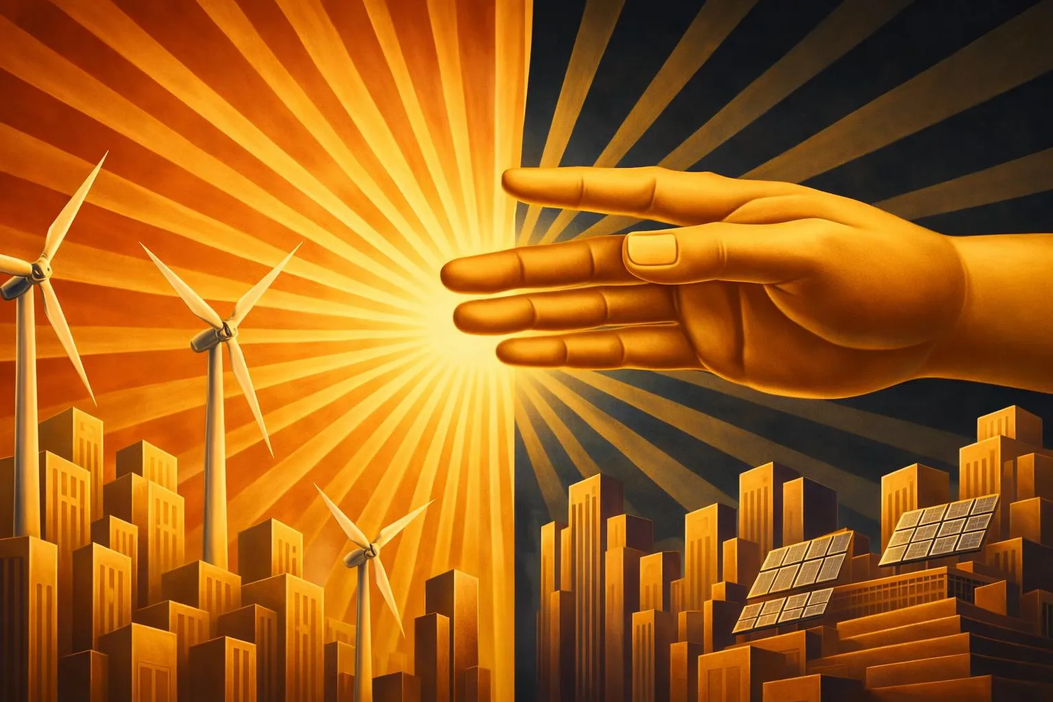 A large golden hand blocks half of a radiant sun above a cityscape, dividing the scene into a warm side with wind turbines and a cool side with solar panels.