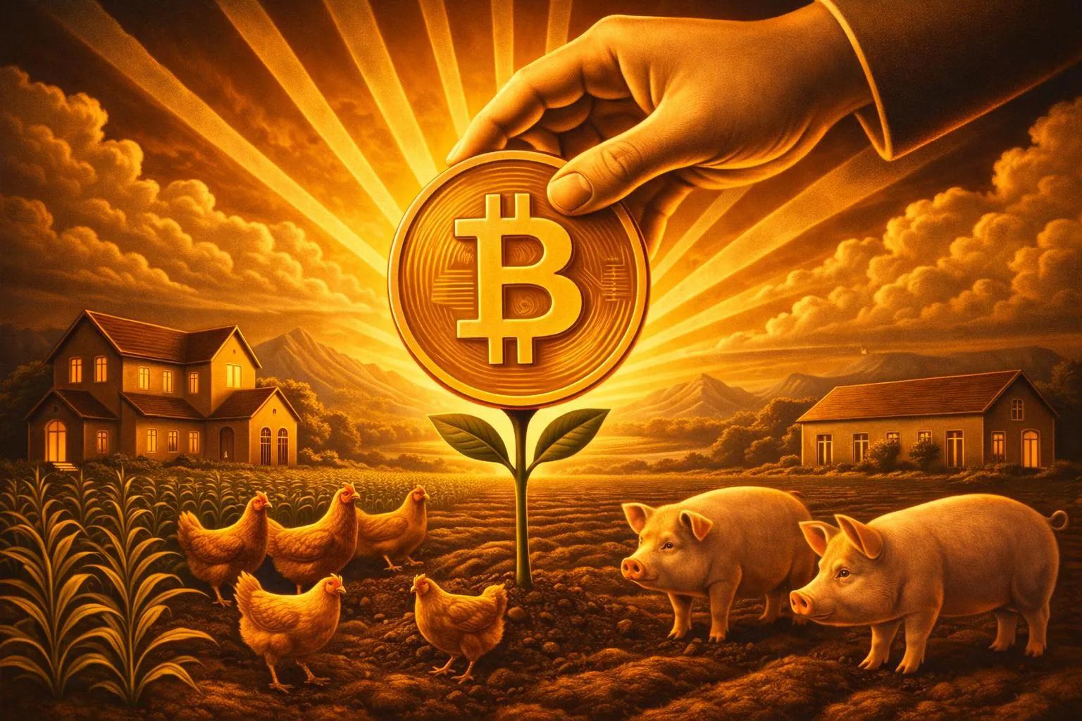 A large hand places a golden Bitcoin coin on a plant sprout between two farmhouses with chickens and crops, under a bright, radiant sky.