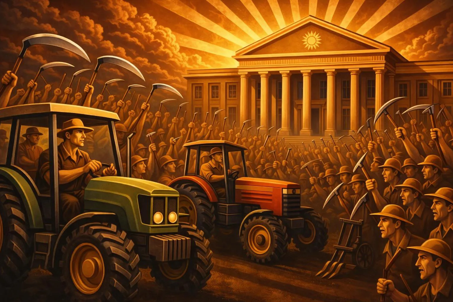A large crowd of farmers holding scythes and pitchforks, with tractors in the foreground, gathers in front of a grand government building under dramatic clouds and sun rays.
