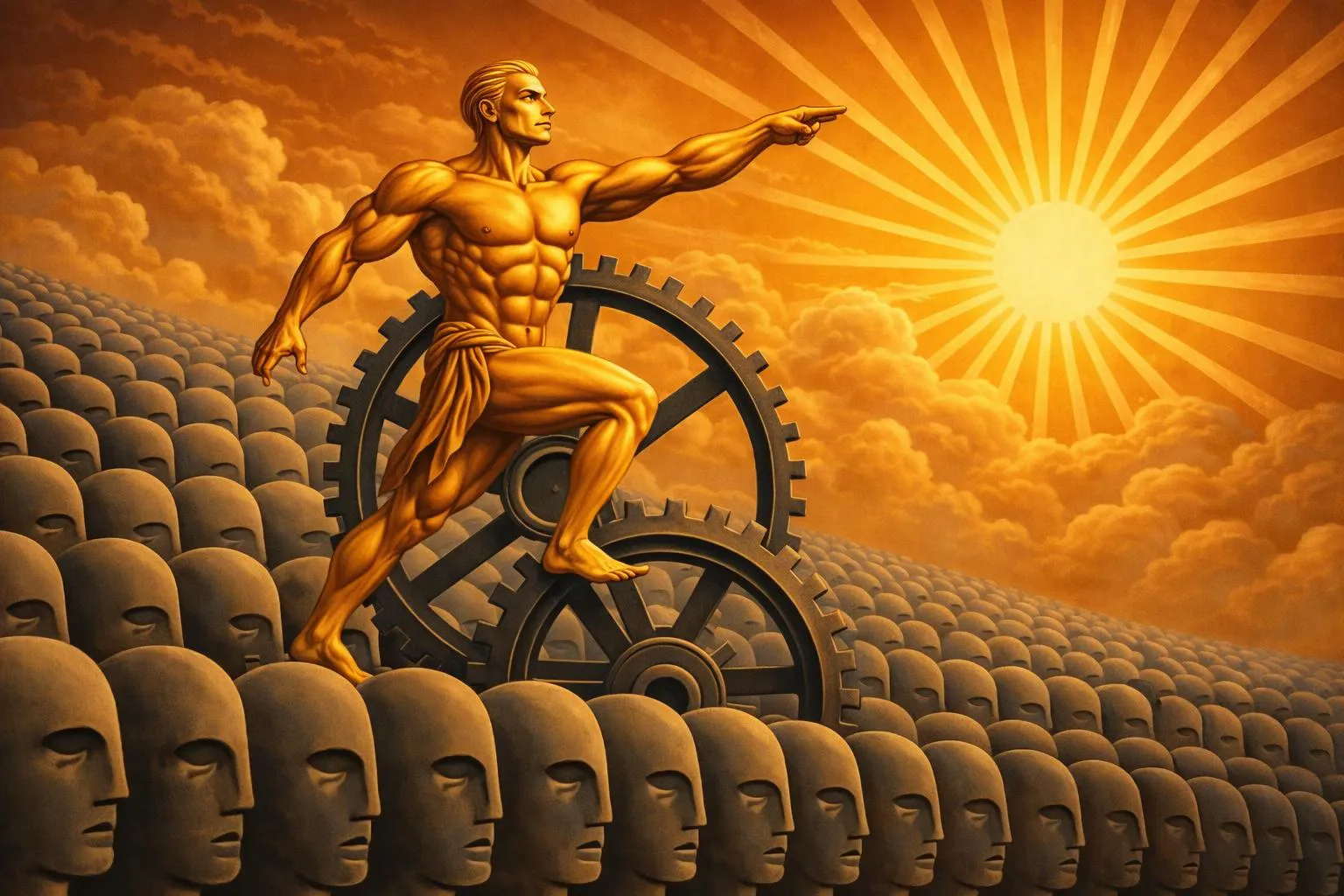 A golden human figure stands on large gears, pointing toward a bright sun, while surrounded by a grey crowd of identical, expressionless heads.