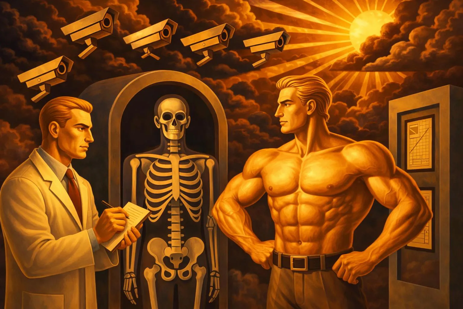 A doctor takes notes while a shirtless man stands beside an X-ray machine showing his skeleton, with surveillance cameras and dramatic sun rays in the background.