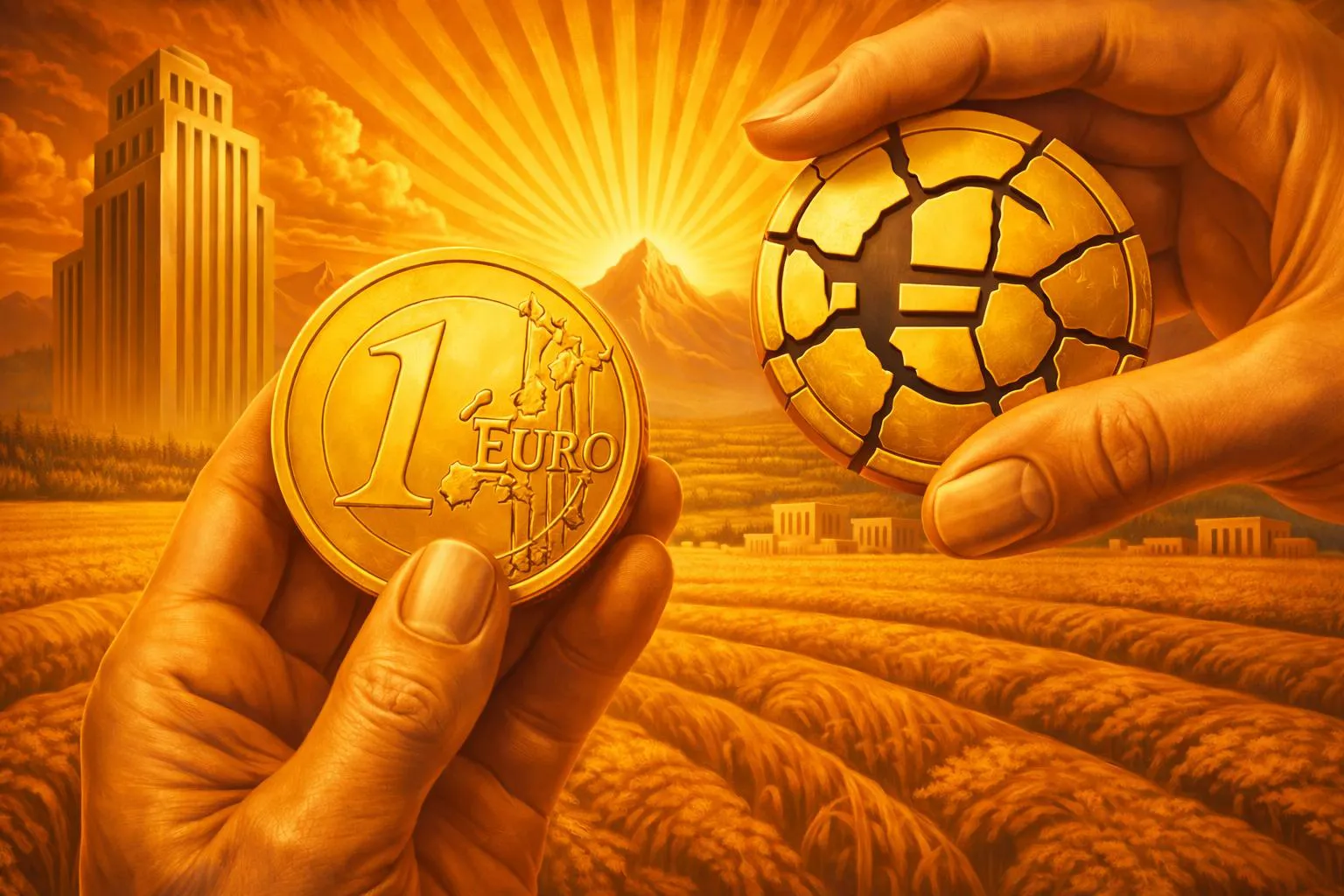 Two hands hold golden coins above a wheat field and city buildings, one coin is whole and the other is cracked.