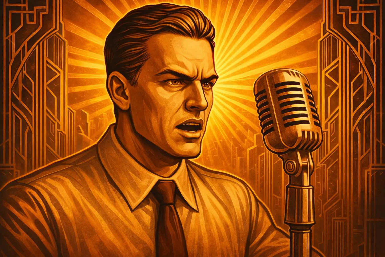 A serious-looking John Galt in a shirt and tie speaks into a vintage microphone, with sunburst patterns and art deco designs in the background.