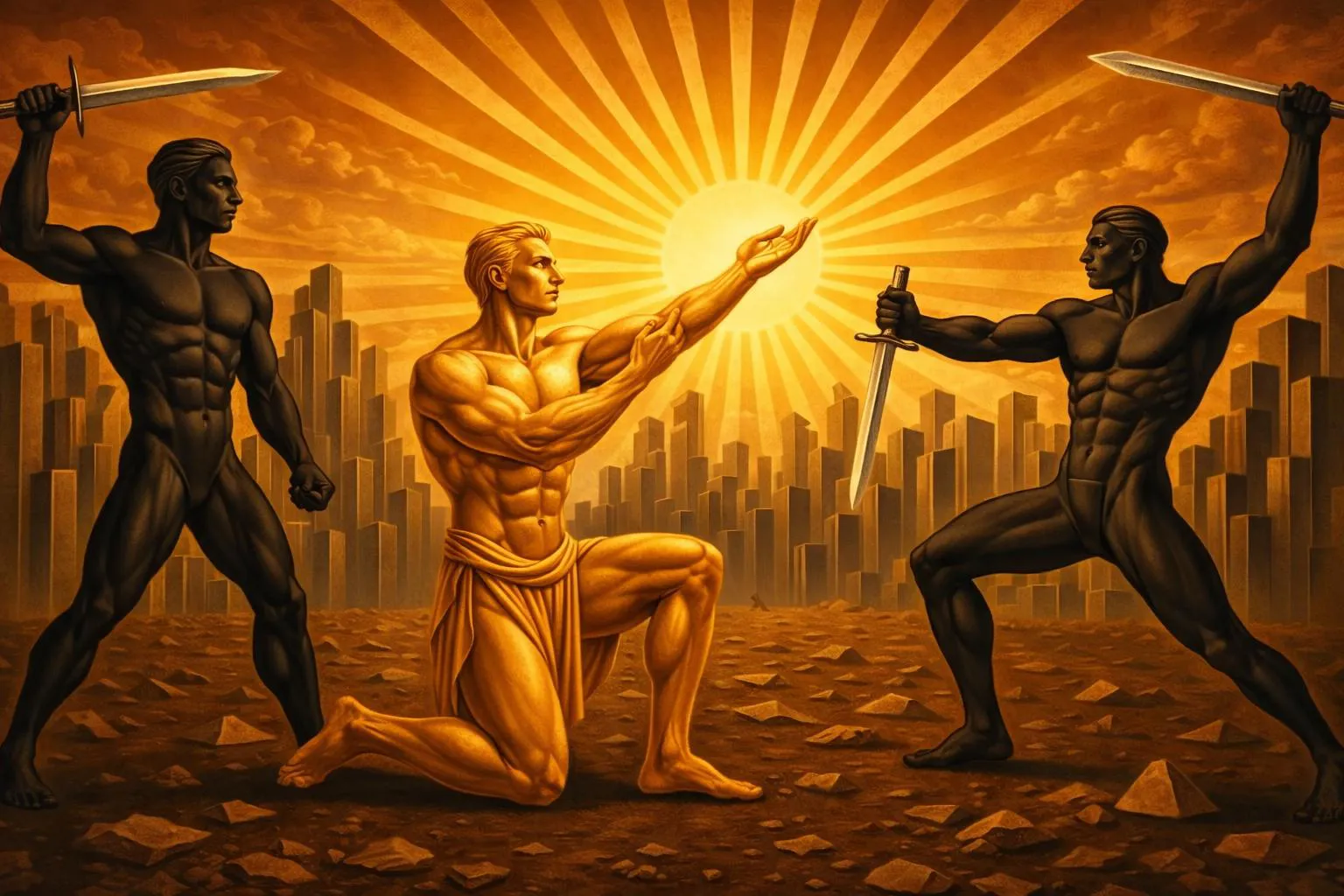 A golden figure kneels in the center of a cityscape, illuminated by the sun, while two shadowy figures on either side threaten with raised knifes.