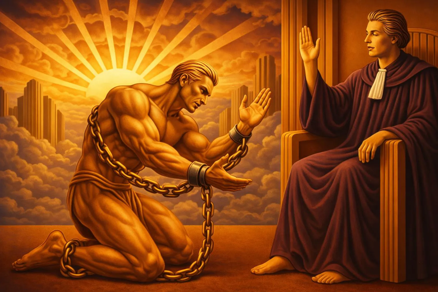 A golden figure kneels and raises a hand toward a judge seated on a throne, with a city in ruins and the sun setting behind clouds in the background.