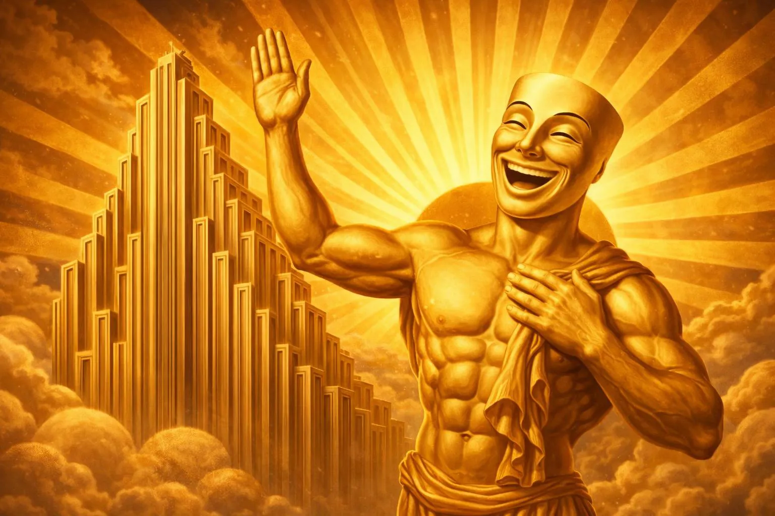 A golden, muscular figure with a wide smiling mask waves in front of a tall, stylized building, with sun rays and clouds in the background.