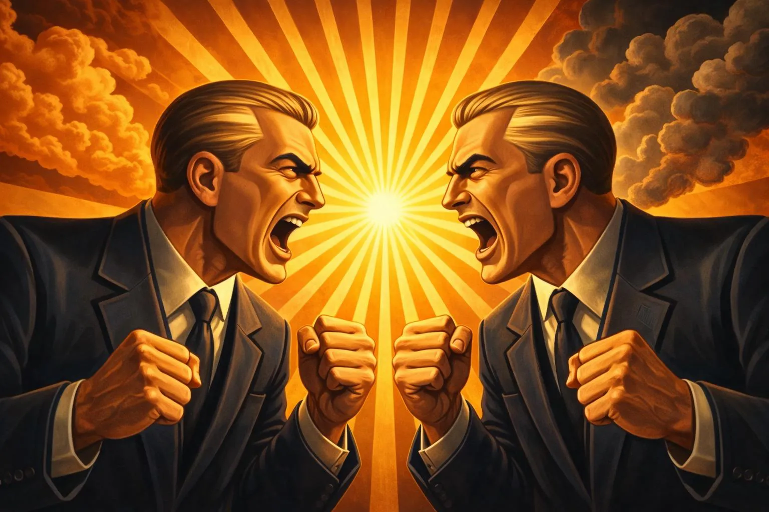 Two politicians in suits angrily face each other with clenched fists, shouting, while dramatic sun rays and clouds fill the background.