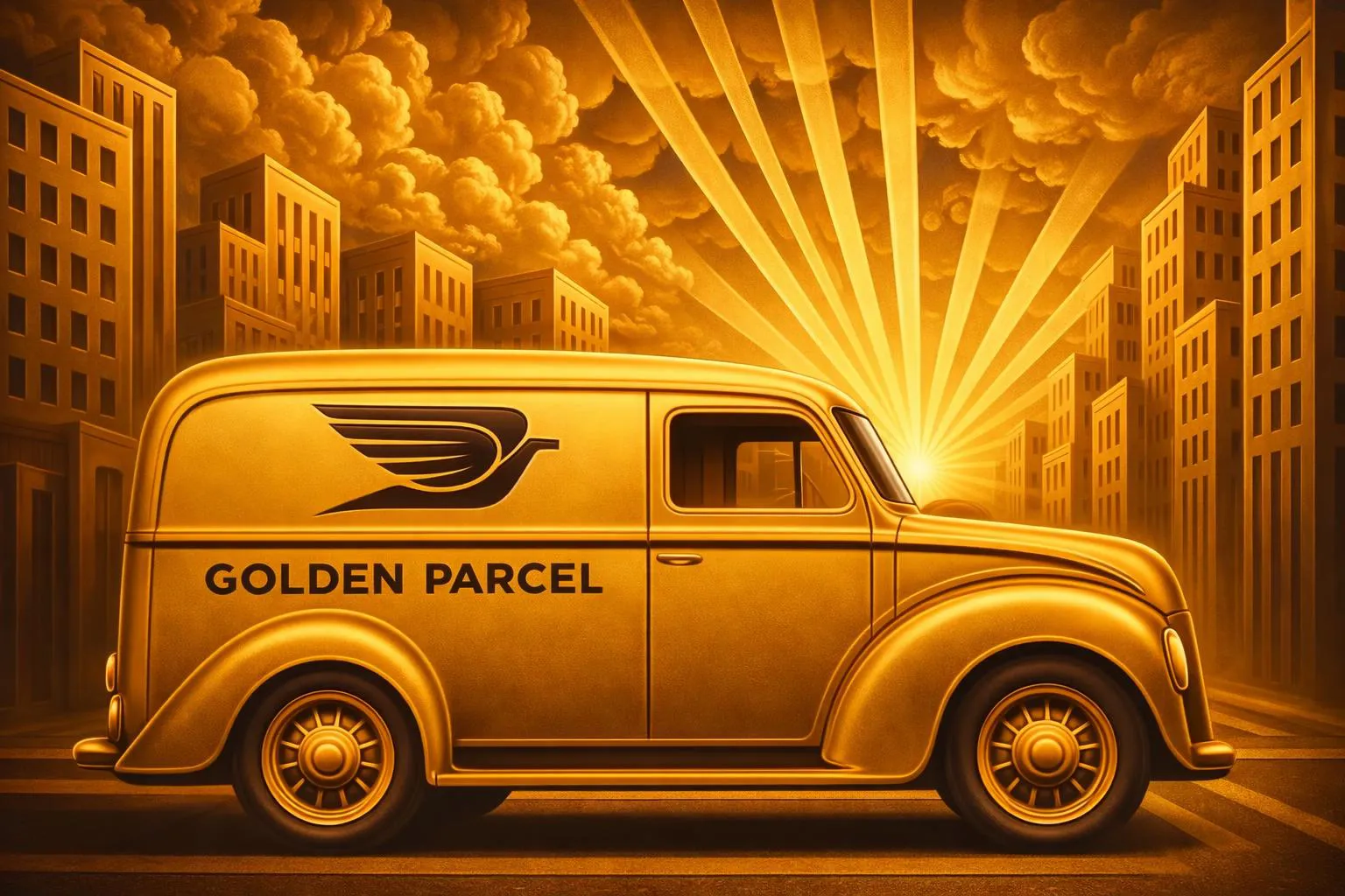 A golden delivery van labeled 'Golden Parcel' drives through a city with tall buildings, dramatic clouds, and sun rays in the background.