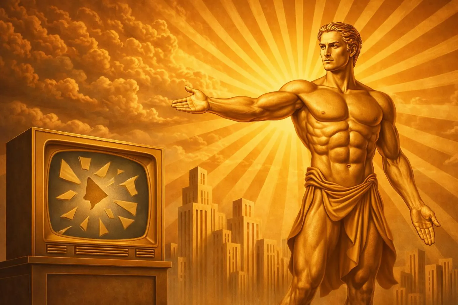 A golden muscular figure stands with an outstretched arm in front of a shining sun, while a television with a shattered screen sits among city buildings and dark clouds.