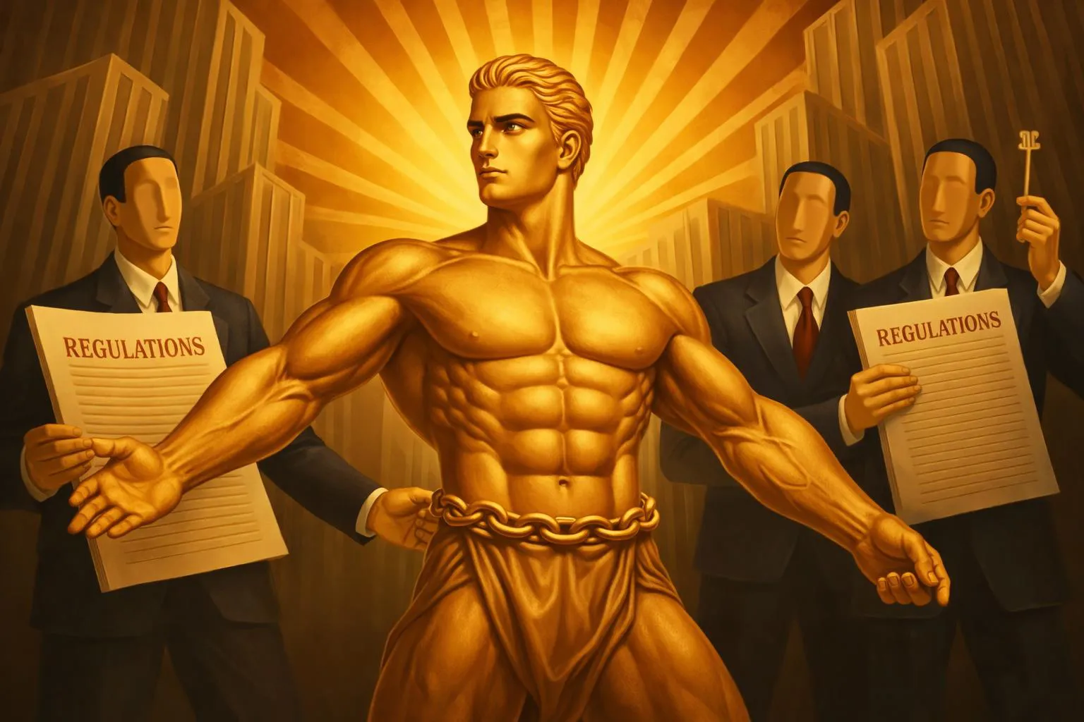A golden muscular figure stands in the center with a chain around his waist, surrounded by faceless businessmen holding papers and a key, against a backdrop of tall buildings and radiant sunlight.