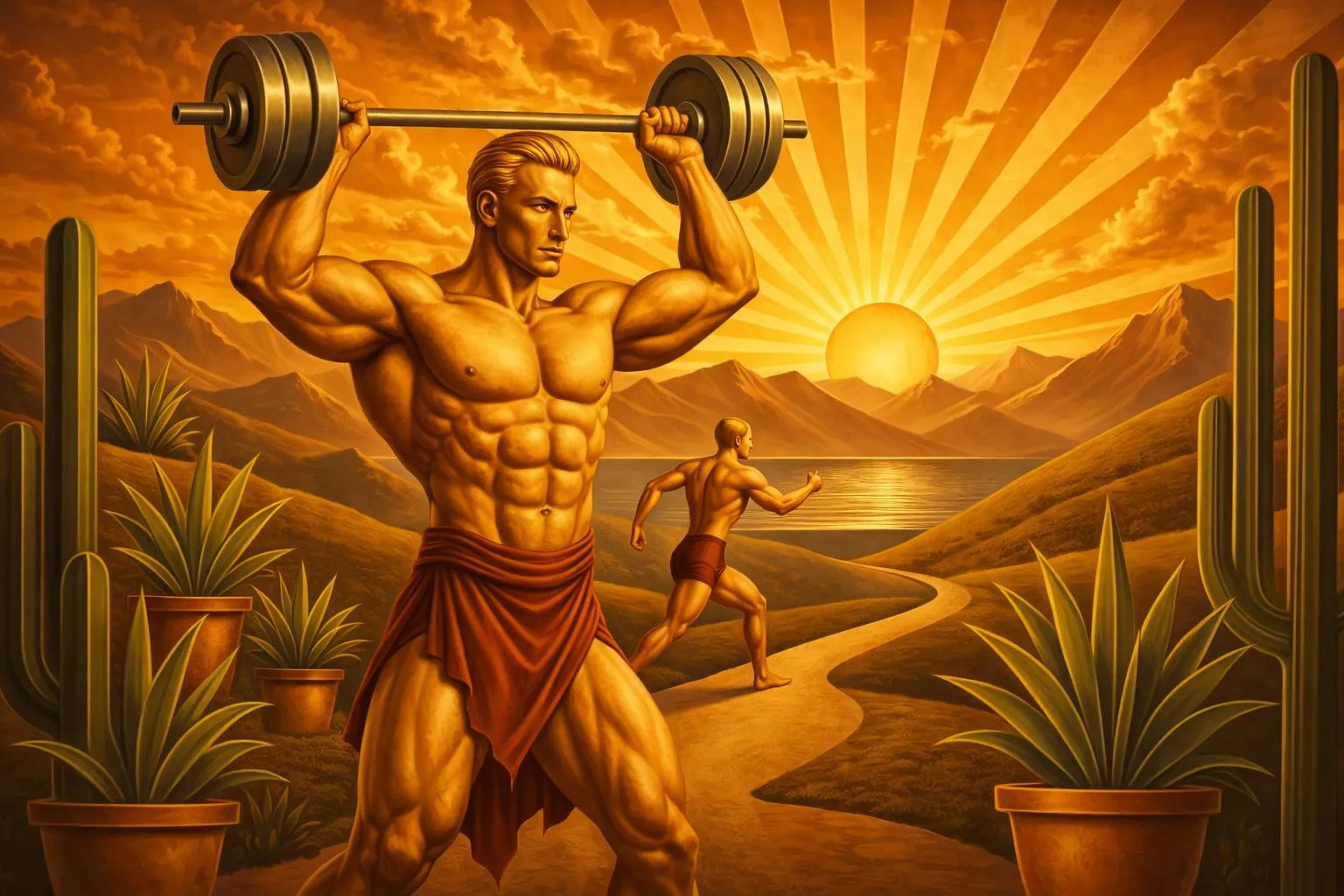 A large golden figure in red trunks lifts a barbell overhead in a desert landscape, while a smaller figure runs on a path toward a lake and mountains at sunrise.