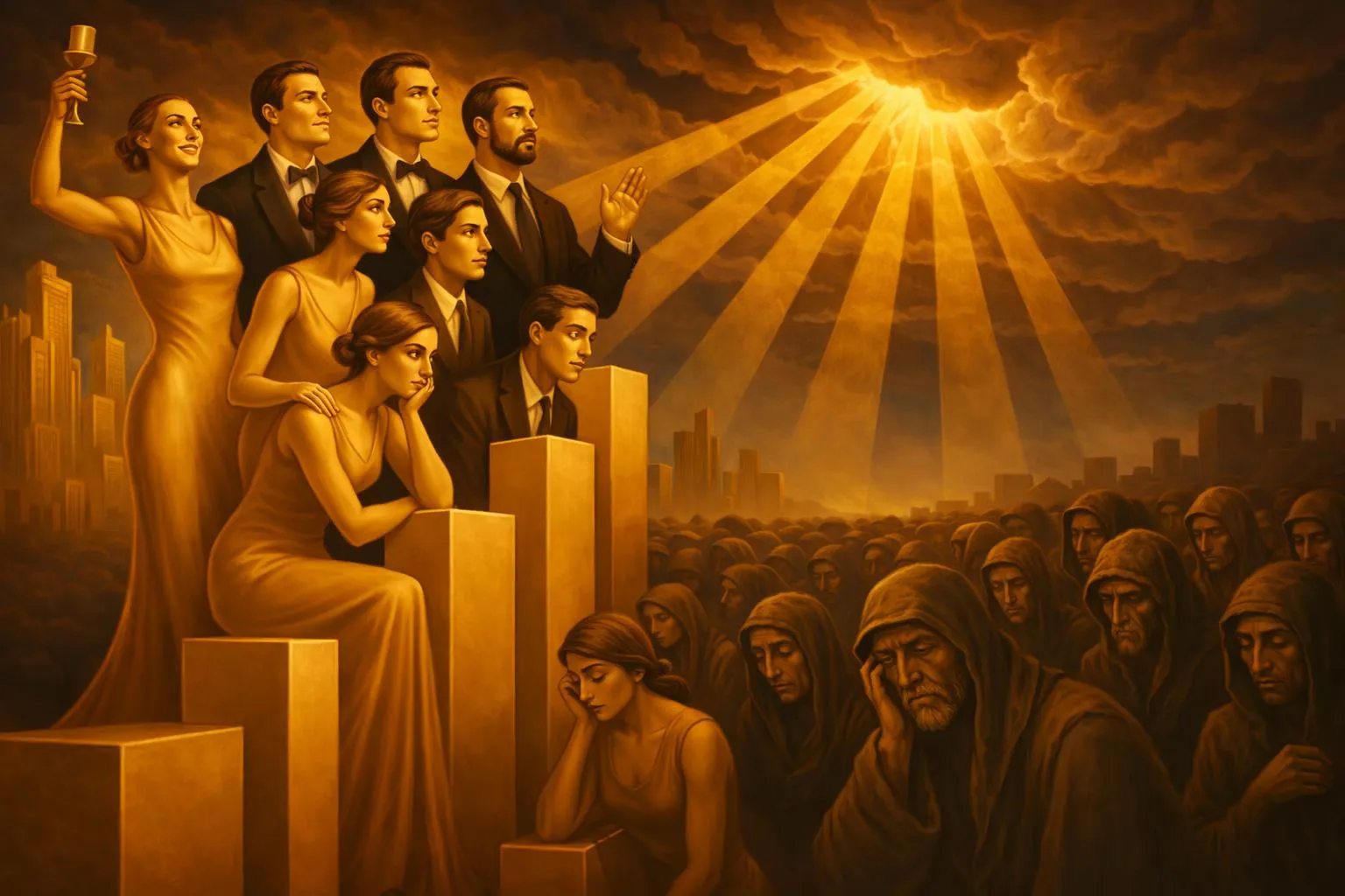 A group of elegantly dressed people stand and sit on golden bars under rays of light, while a crowd of sad, hooded figures sits in the shadows below.