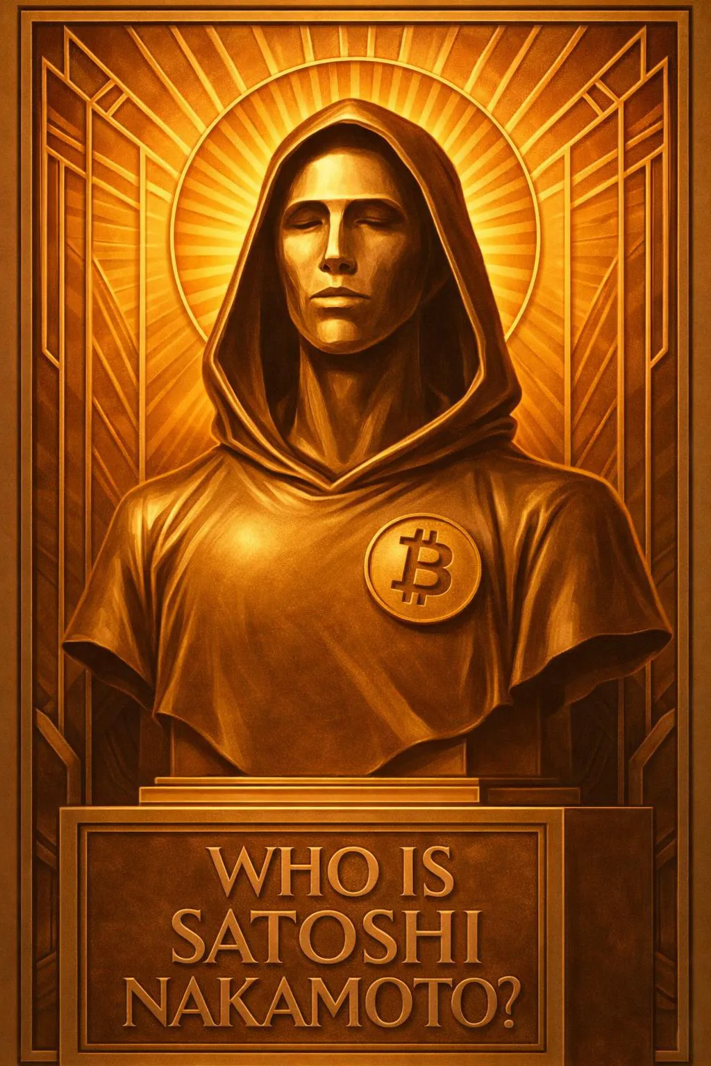 A bronze statue of a hooded, faceless figure with a Bitcoin symbol on their chest, above a plaque that reads 'Who is Satoshi Nakamoto?'