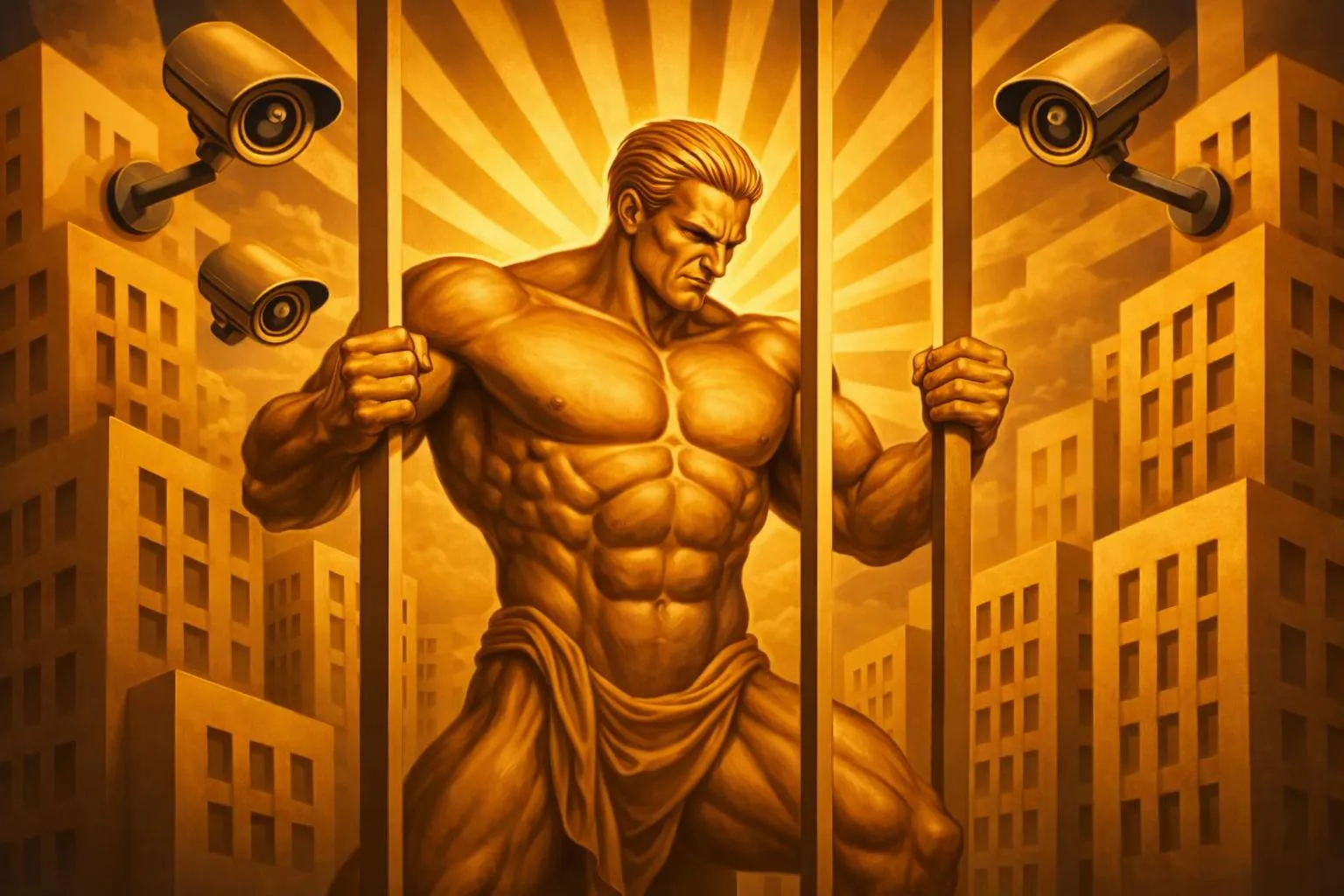 A golden human figure stands behind bars in a city, with surveillance cameras in the clouds watching from above as sun rays shine outward.