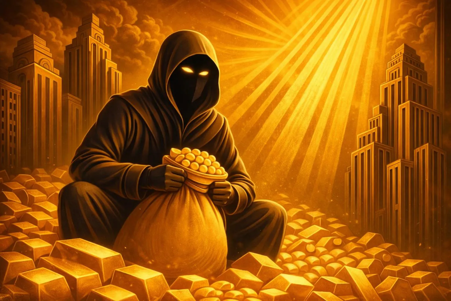 A hooded, faceless figure in dark clothing crouches among piles of gold bars, holding a sack of gold, with city buildings and dramatic light beams in the background.