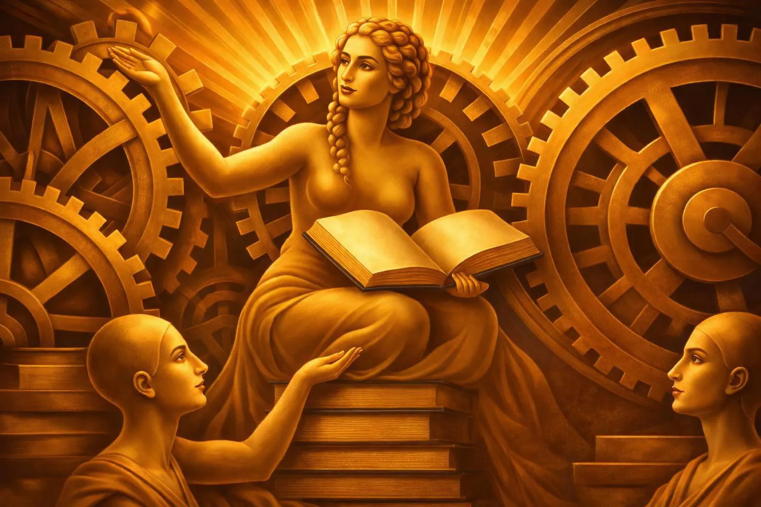 A golden woman sits among large gears holding an open book, surrounded by people and stacks of books.