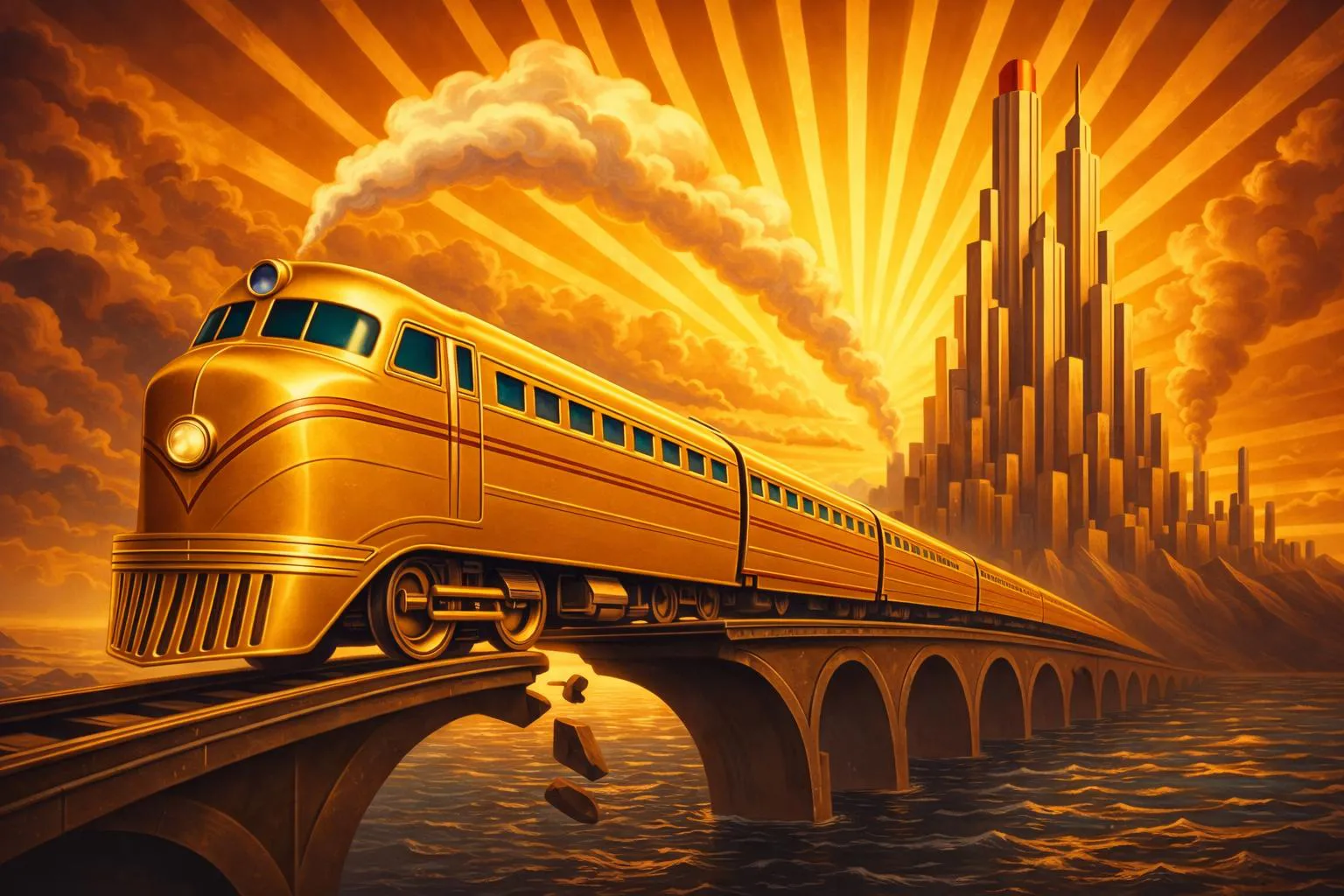 A golden train crosses a broken bridge over water, driving away from a futuristic city with tall skyscrapers, under dramatic sun rays and clouds.
