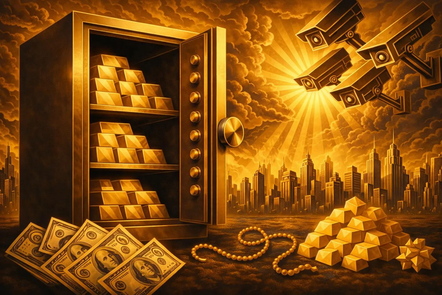 An open safe filled with gold bars, surrounded by cash, pearls, and more gold, with surveillance cameras watching over a city skyline under dramatic clouds and sun rays.
