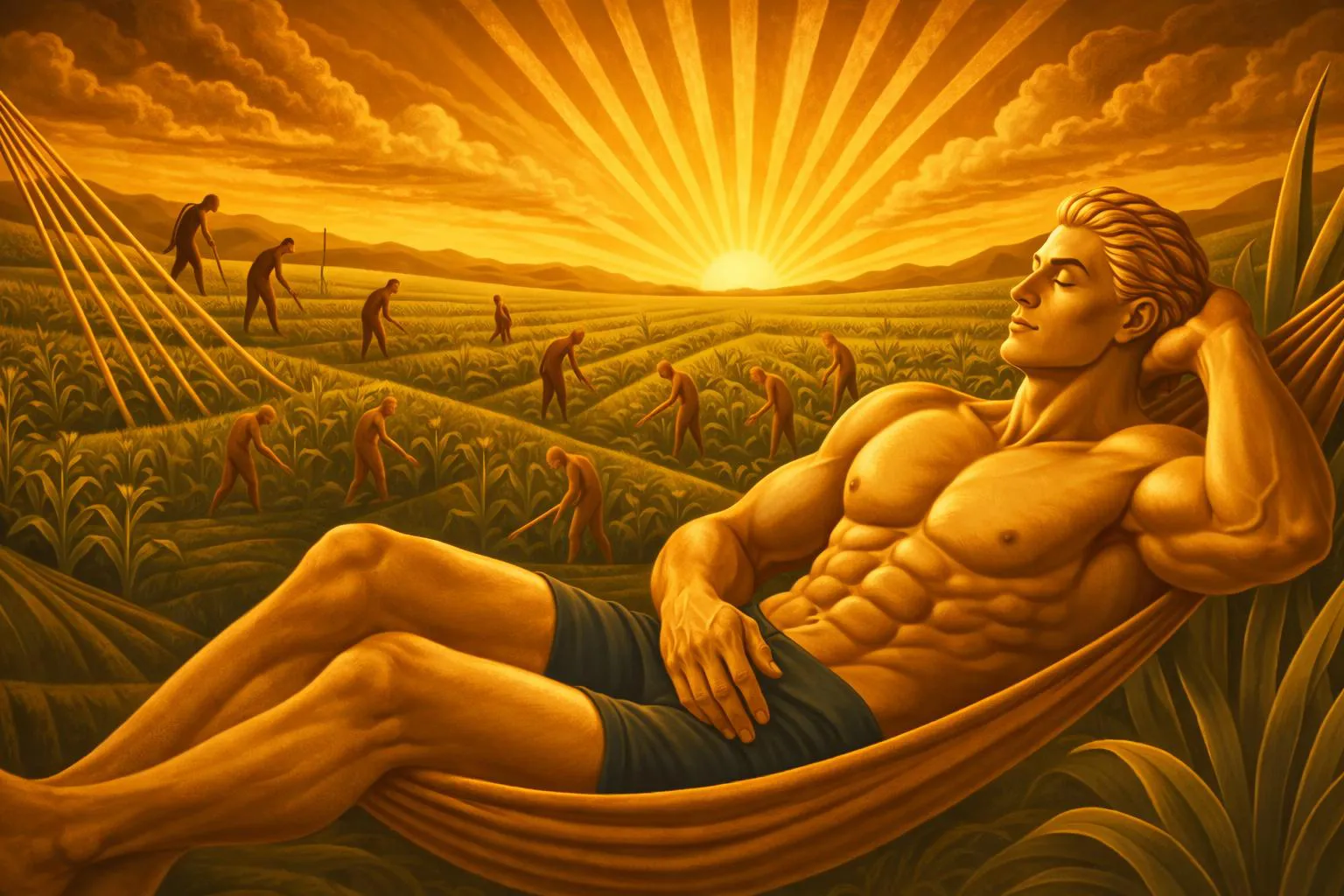 A golden figure relaxes in a hammock under dramatic clouds and sun rays, with distant buildings and small figures scattered across a green landscape.