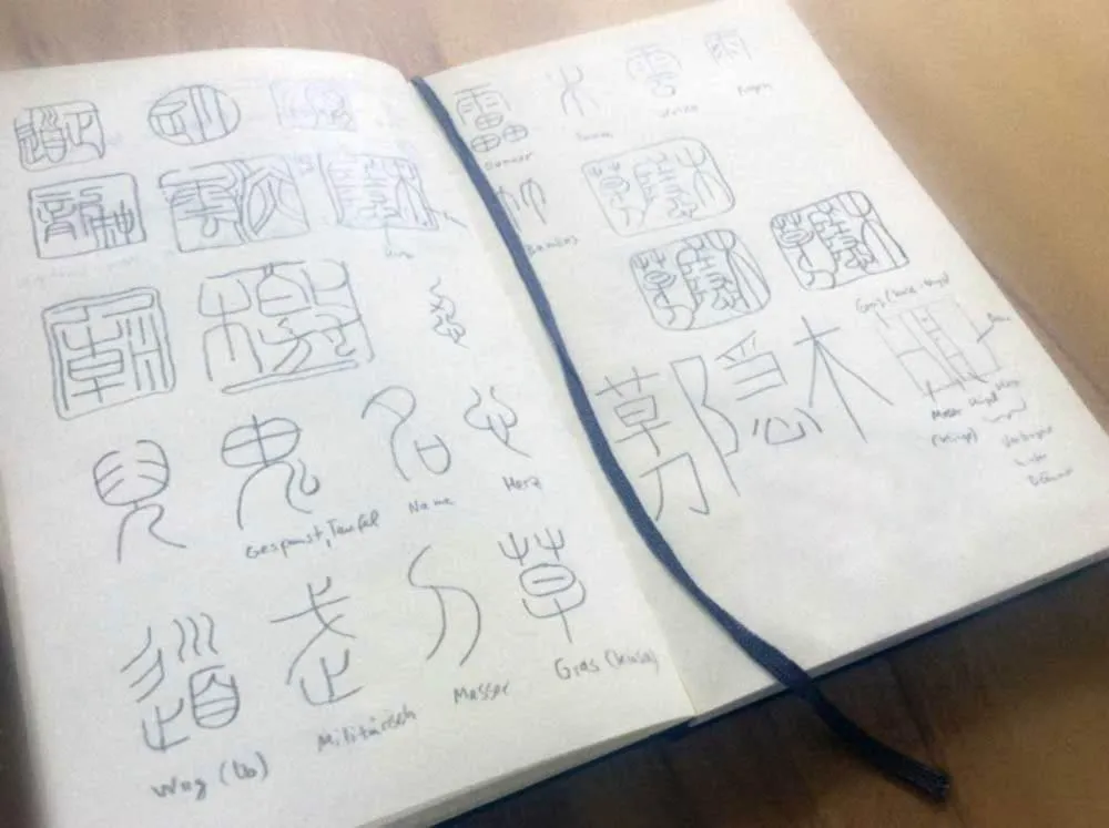 Moleskine with pencil drawings of characters