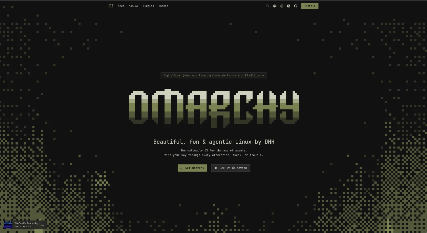 Screenshot of the Omarchy website: a dark, pixel-art homepage with an olive-green “OMARCHY” logo, the tagline “Beautiful, fun & agentic Linux by DHH,” and buttons to get Omarchy or watch a demo.