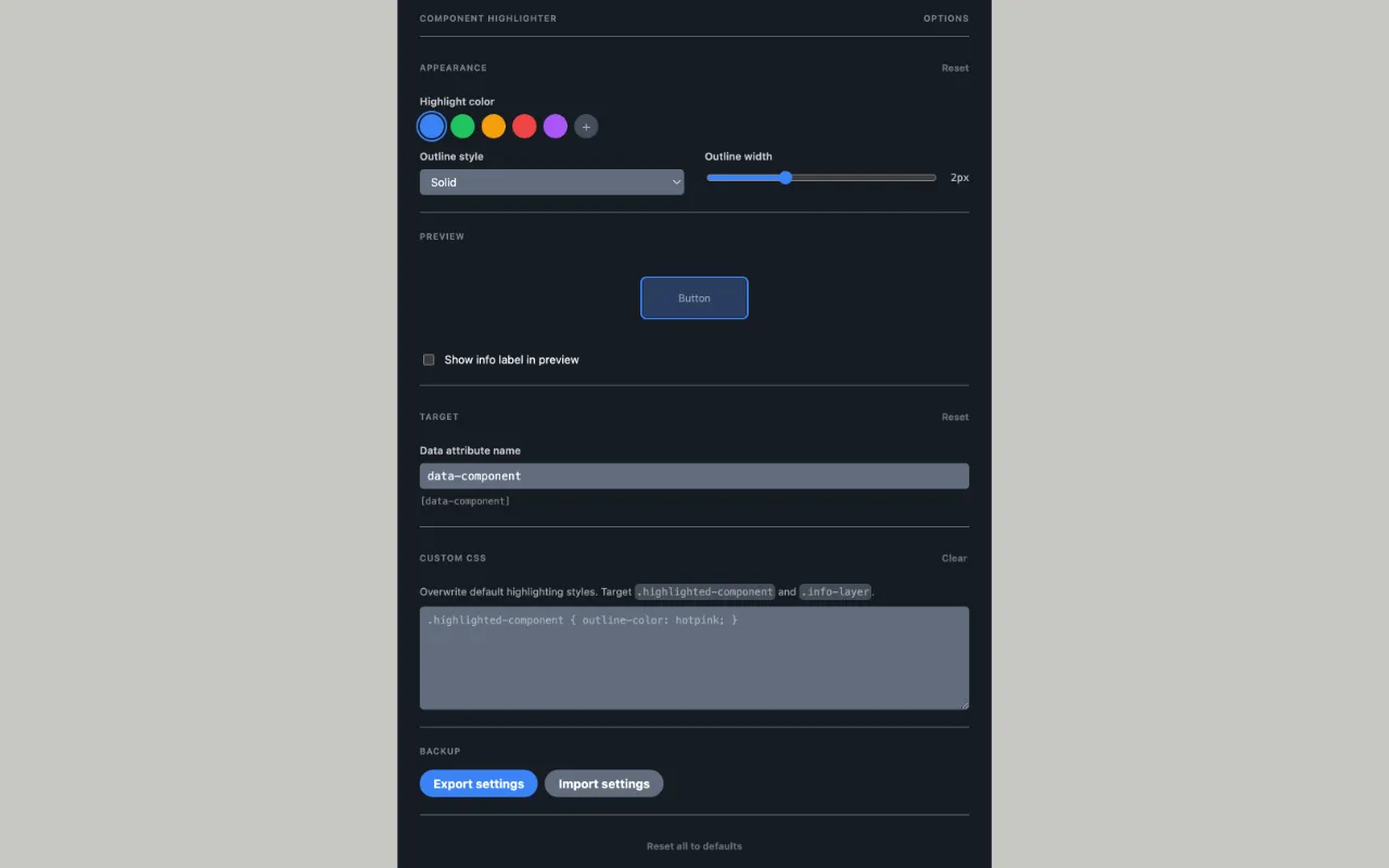 Component Highlighter Chrome Extension Options