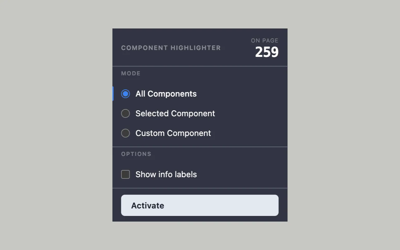 Component Highlighter Chrome Extension Pop-Over